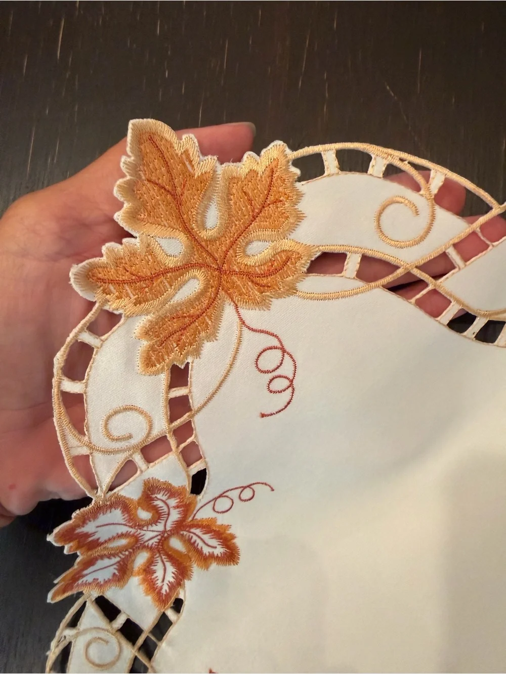 Autumn Leaf Embroidered Placemat Set/2 Cream with Orange Accents NOS